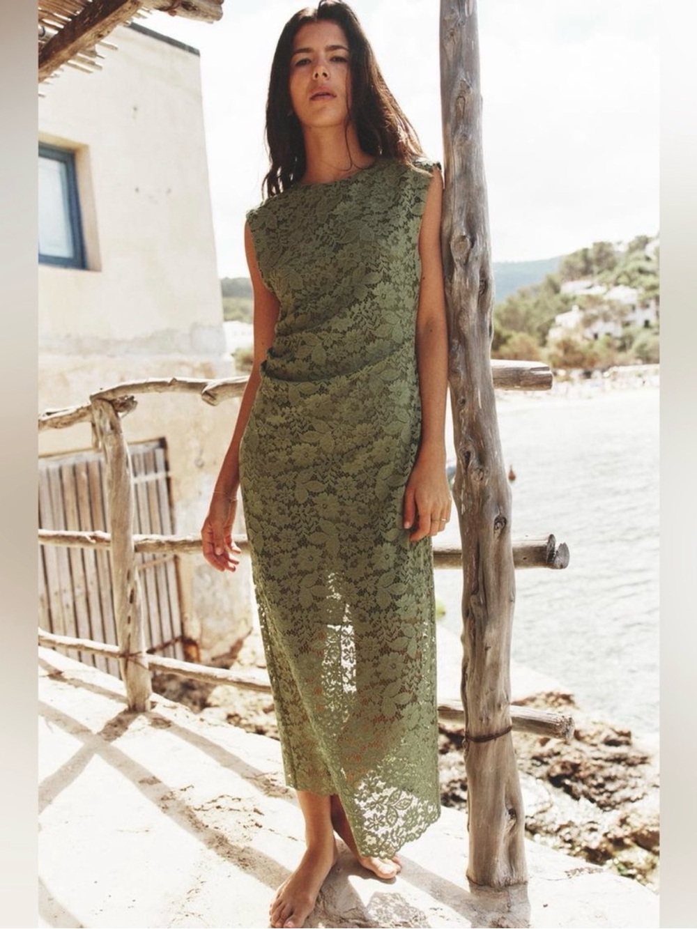 Zara Soft Green Floral Lace Ruched Midi Dress Size XL